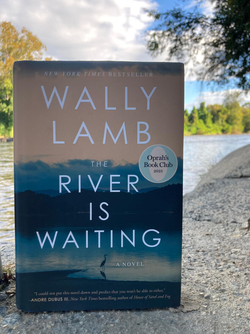 The River is Waiting Book by Wally Lamb The River is Waiting Book by Wally Lamb, standing upright on a cement river embankment.